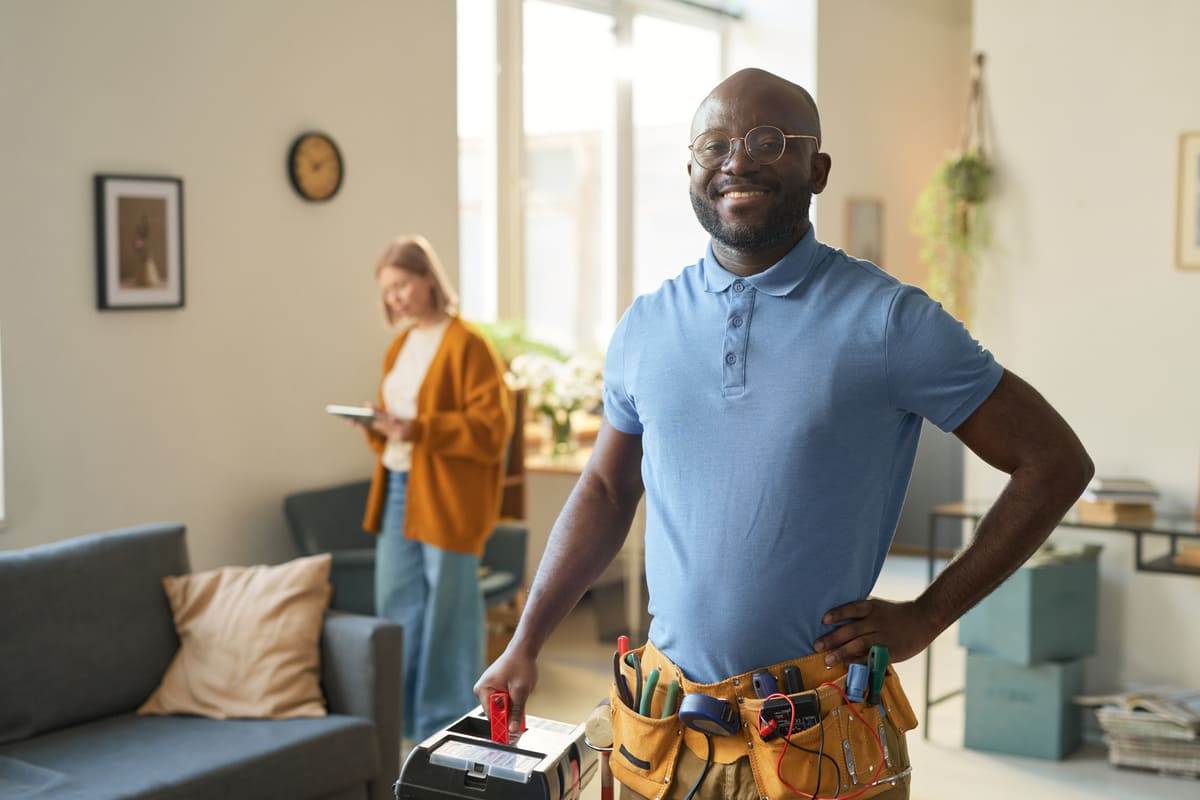 A man with a toolbelt and toolbox in a womans home