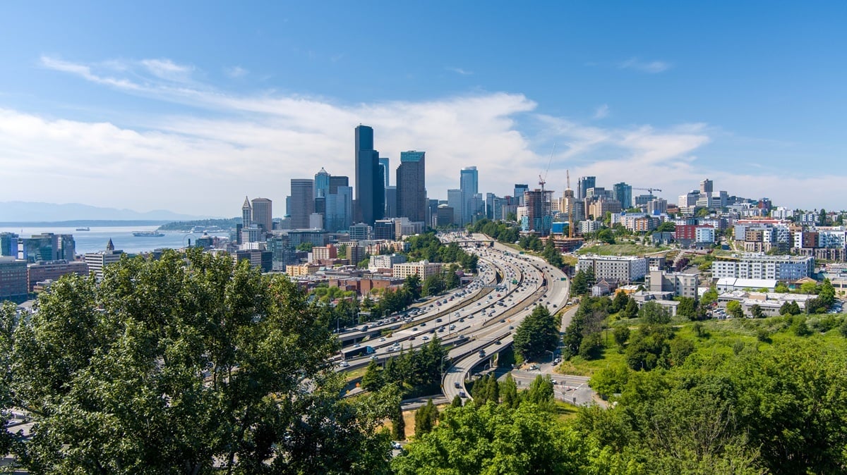 Aerial view of the Seattle, WA skyline in June-1