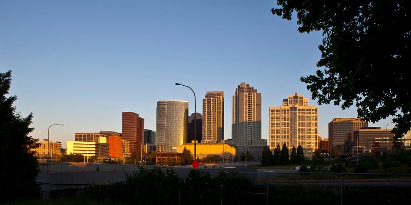 City Buildings at Sunset in the Urban Skyline