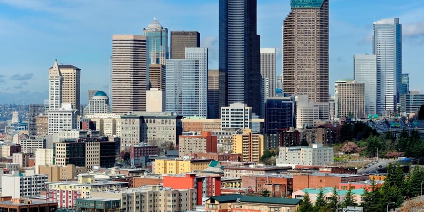 Seattle city skyline against blue sky