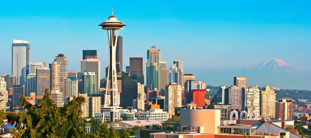 Seattle skyline panorama at sunset