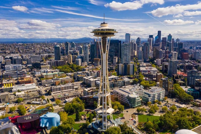 Aerial drone photography of the Seattle Space Needle