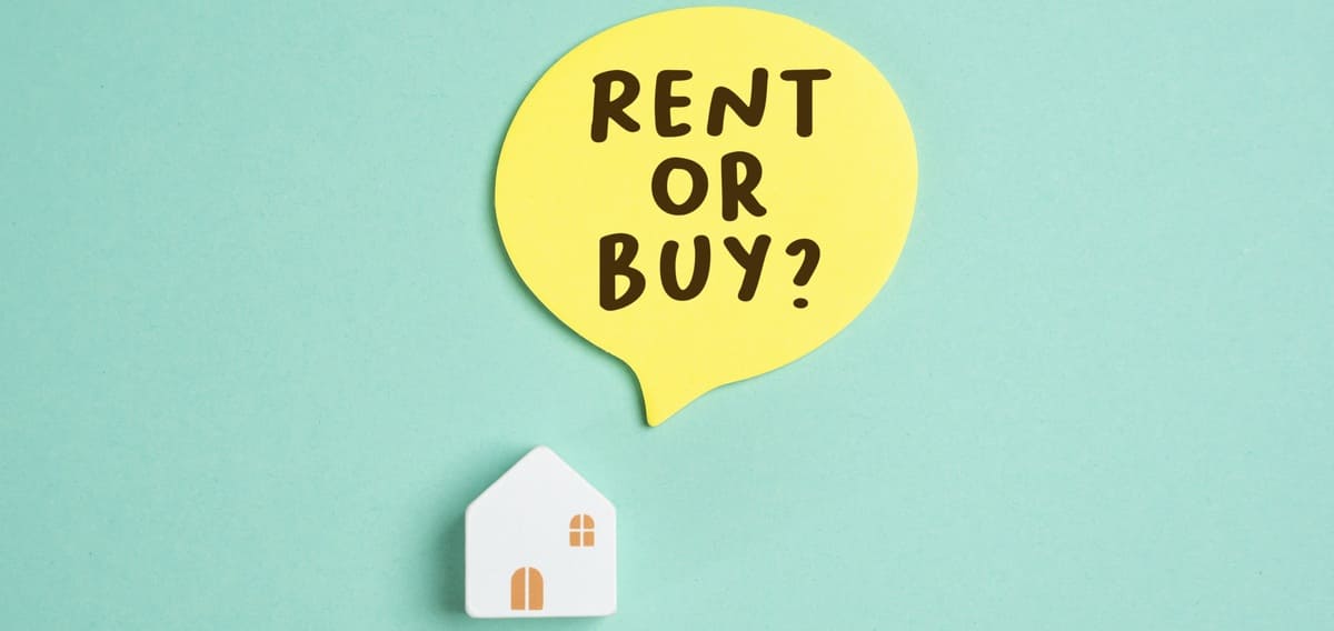 A small house and a speech bubble that says rent or buy