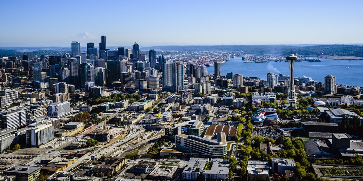 Aerial view of Seattle cityscape, Washington, United States