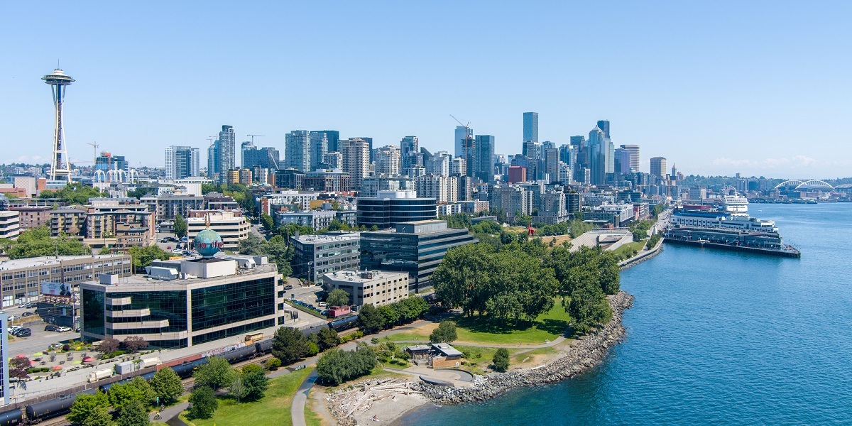 Aerial view of the Seattle, WA skyline in June