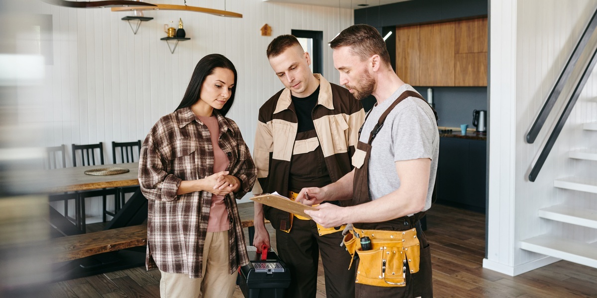 Woman Discussing Plans with Two Repairmen Indoors