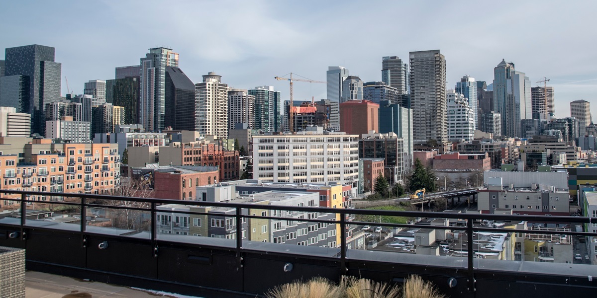 downtown Seattle skyline from a condo building roof