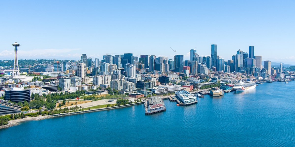 The Seattle, WA waterfront skyline in June